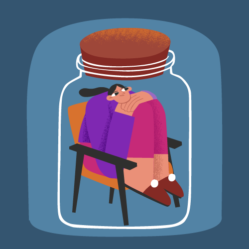 Eine Illustration einer Frau, die in einem Glas eingesperrt ist, mit einem großen Keks auf ihrem Kopf.