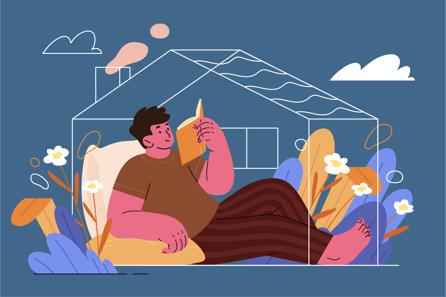 Ein Mann liest entspannt in einem Haus, umgeben von Pflanzen und Wolken, im digitalen Illustrationstil.