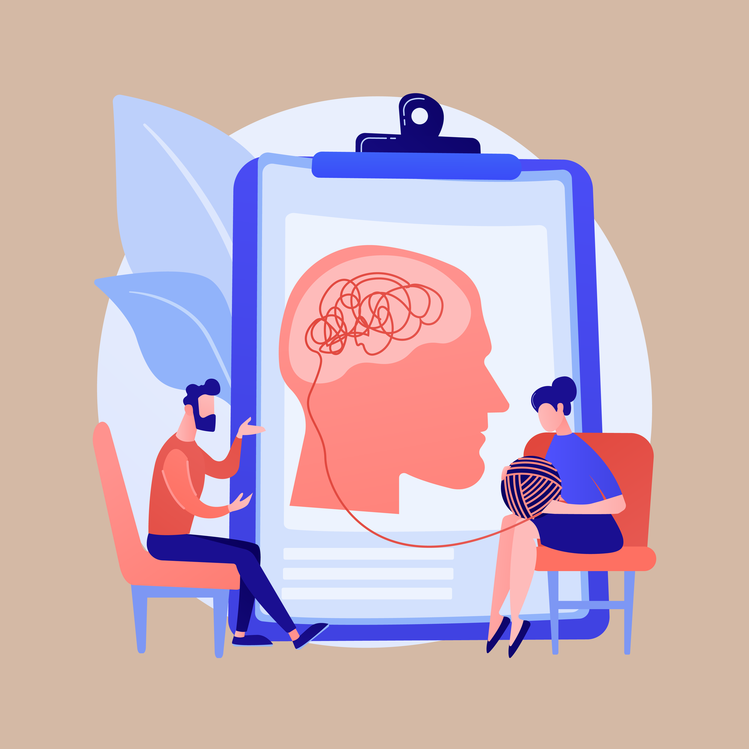 Illustration einer psychiatrischen Behandlung, bei der ein Patient mit einem Ballon den Kopf berührt, während der Therapeut auf einem Stuhl sitzt und spricht. Im Hintergrund eine große Schirmzeichnung eines menschlichen Kopfes mit einem chaotischen Gehirn.