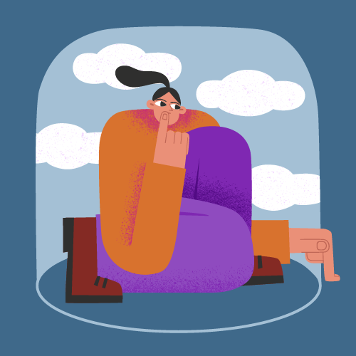 Eine cartoonartige Illustration einer Person, die auf dem Boden sitzt, den Finger vor den Lippen hält und still ist, mit einer Hintergrundszene von Wolken am Himmel.
