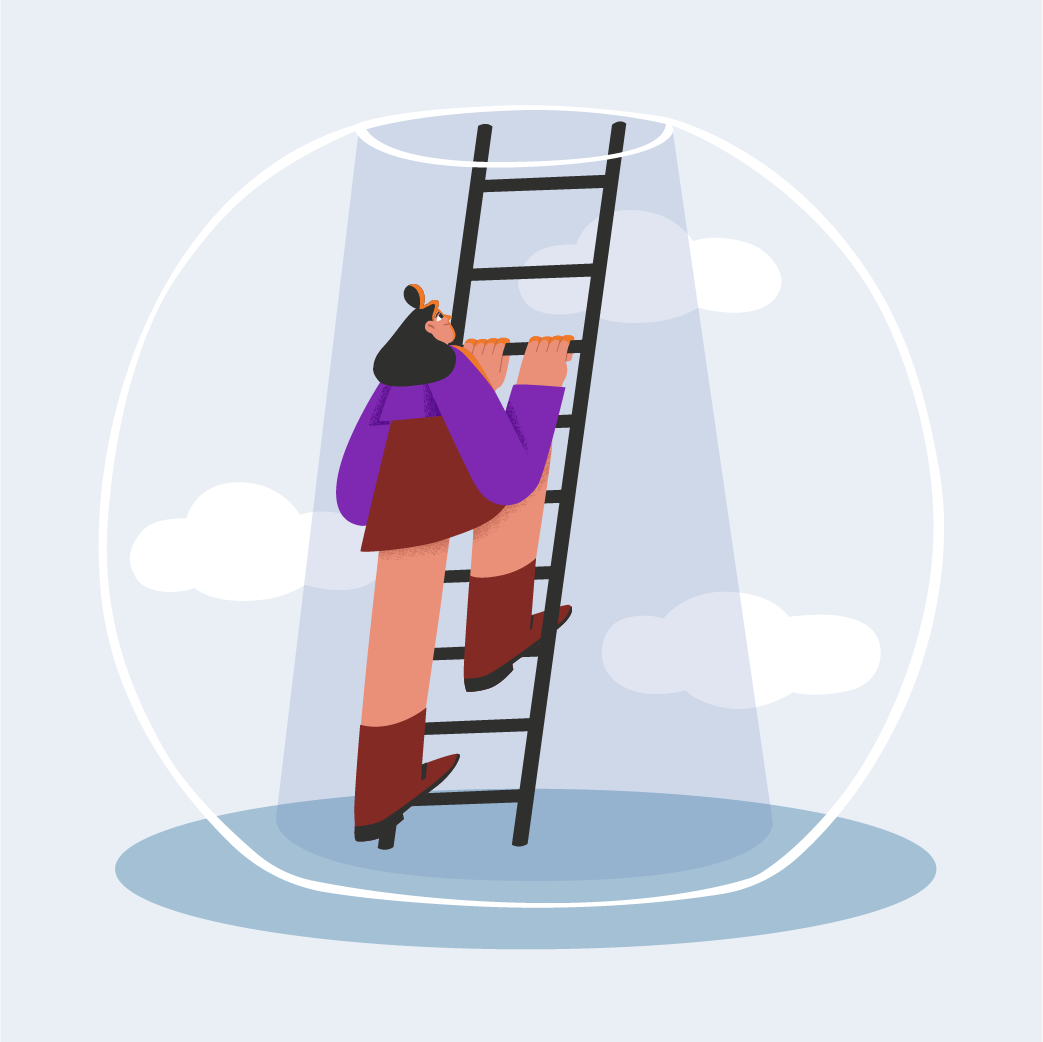 Eine Person klettert eine Leiter in einer Blase mit Wolken. Das Bild ist stilisiert und cartoonartig.