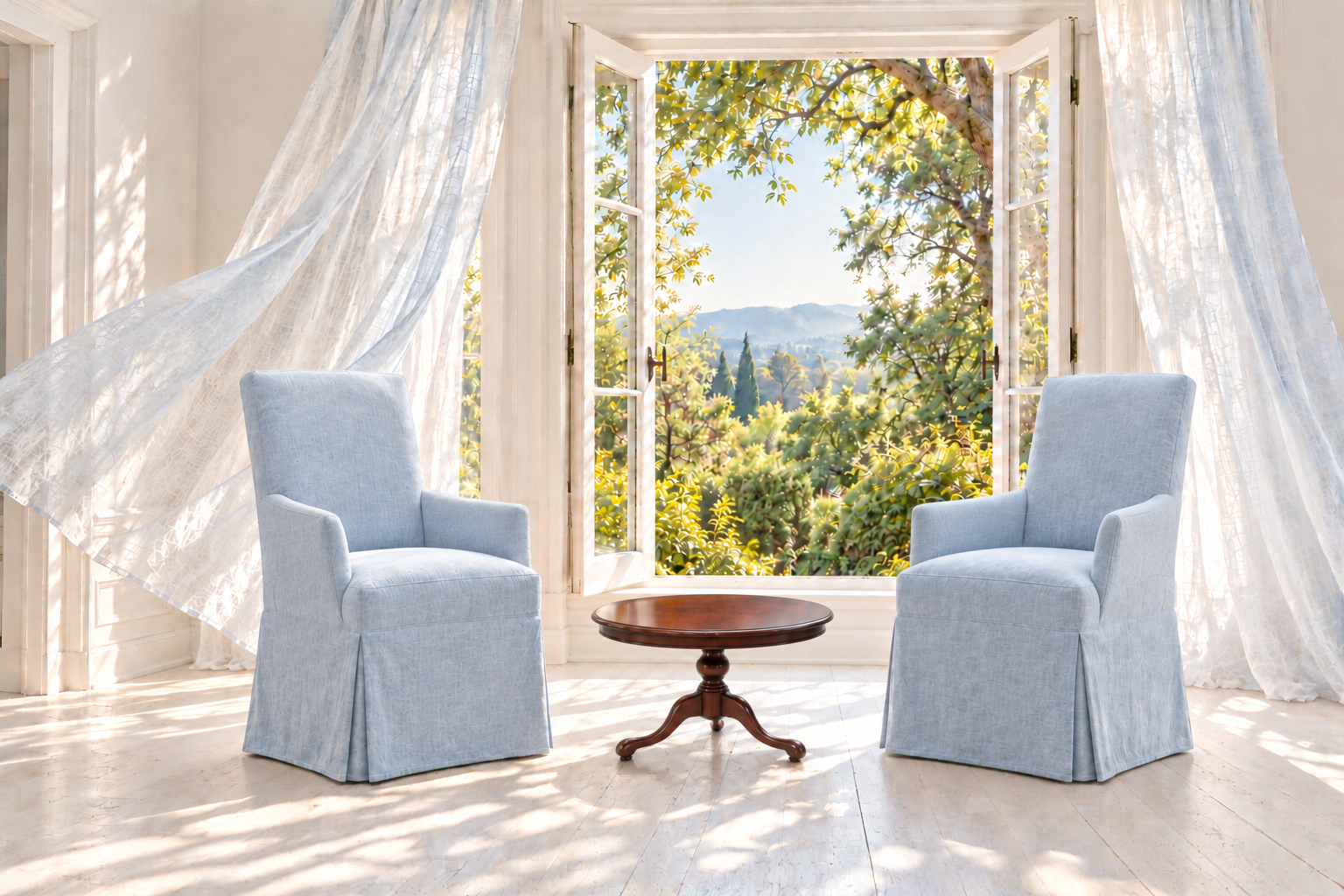 Mahogany tripod coffee table between blue chairs.png