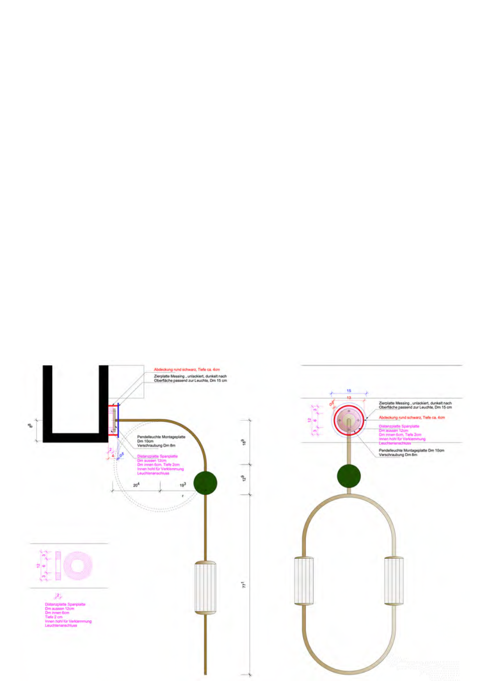 Technische Zeichnung eines Lampen-Designs mit Maßen und Montageanweisungen