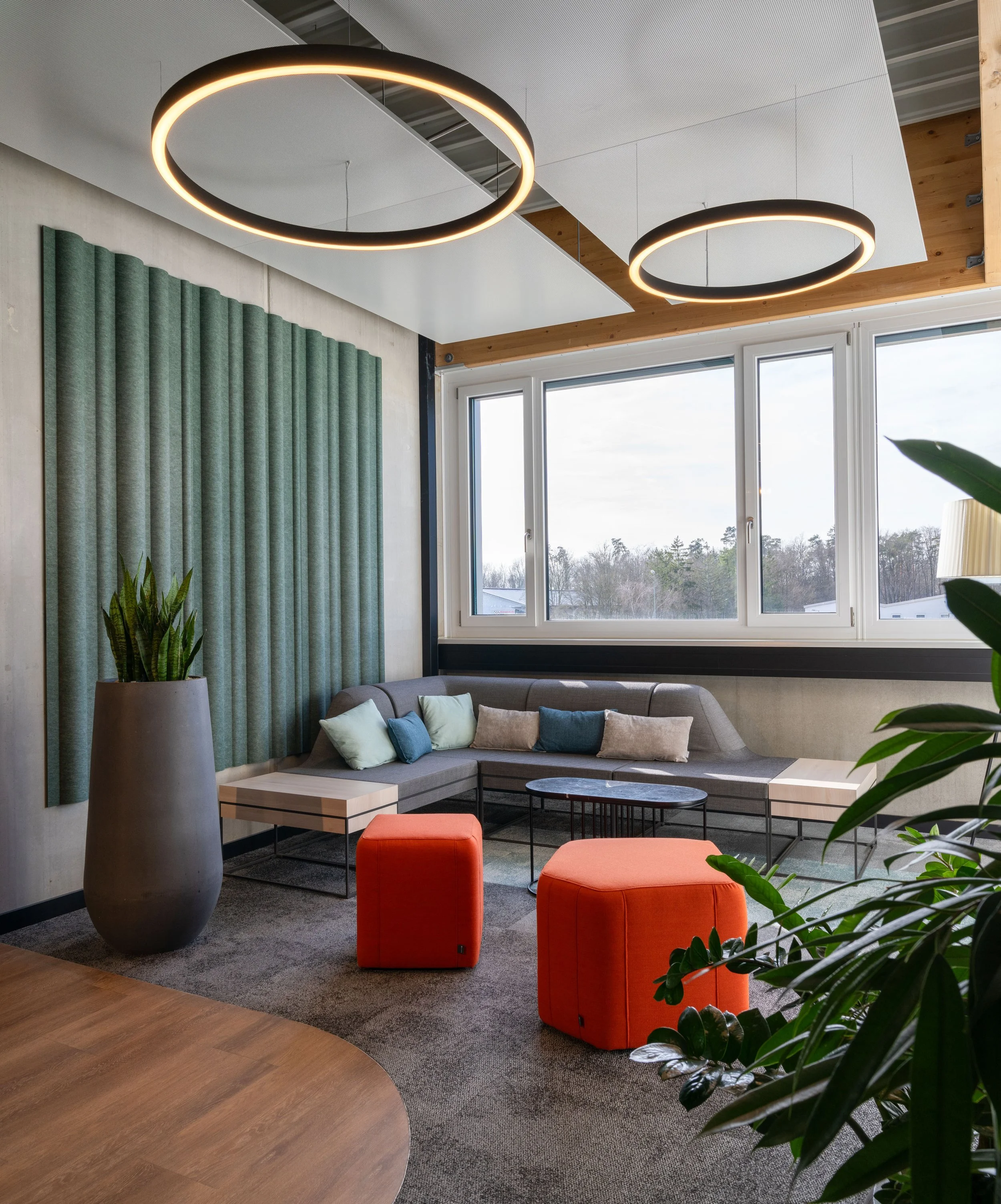 Moderner, gemütlicher Sitzbereich mit grauem Sofa, bunten Kissen, zwei orange Sitzwürfeln, einer großen Zimmerpflanze, einer großen Fensterfront und zwei kreisförmigen Deckenleuchten.