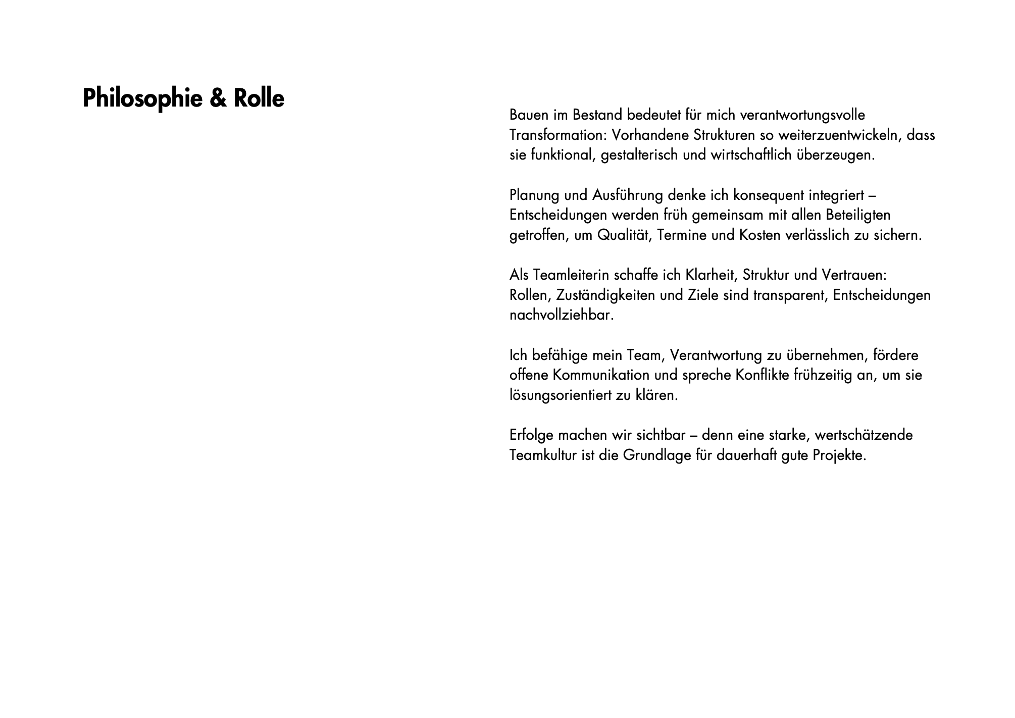 Text in deutscher Sprache über Philosophie und Rolle im Bauwesen, Verantwortung, Teamarbeit und Kommunikation.