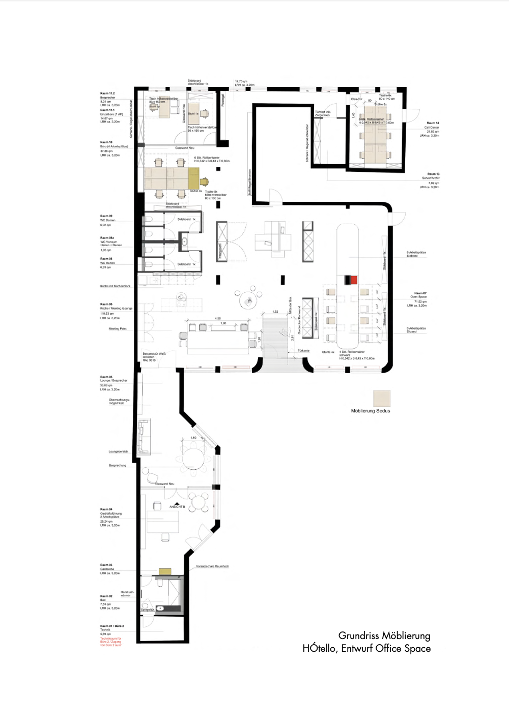 Architektenplan eines Bürogebäudes mit verschiedenen Räumen, Möbeln und Beschriftungen auf Deutsch.