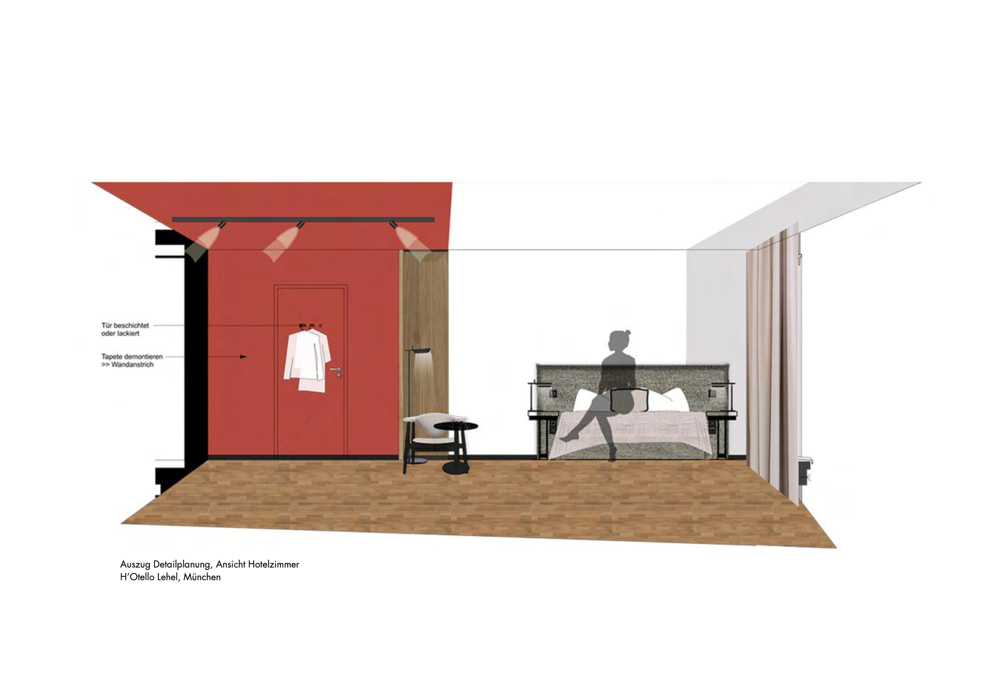 Innenraum eines Hotelzimmers mit roter Wand, Bett, Seite-Tisch, Stuhl, Gardinen und einer Person am Bett sitzend.