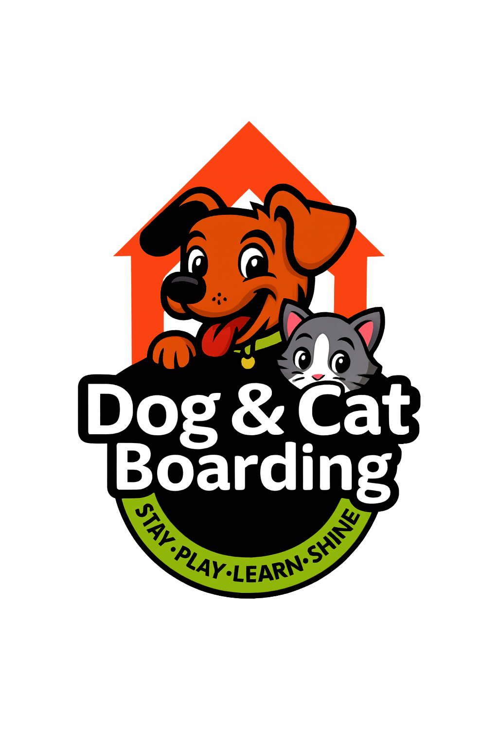 Colorful logo for dog and cat boarding with a cartoon dog and cat, and the slogan "Stay Play Learn Shine."
