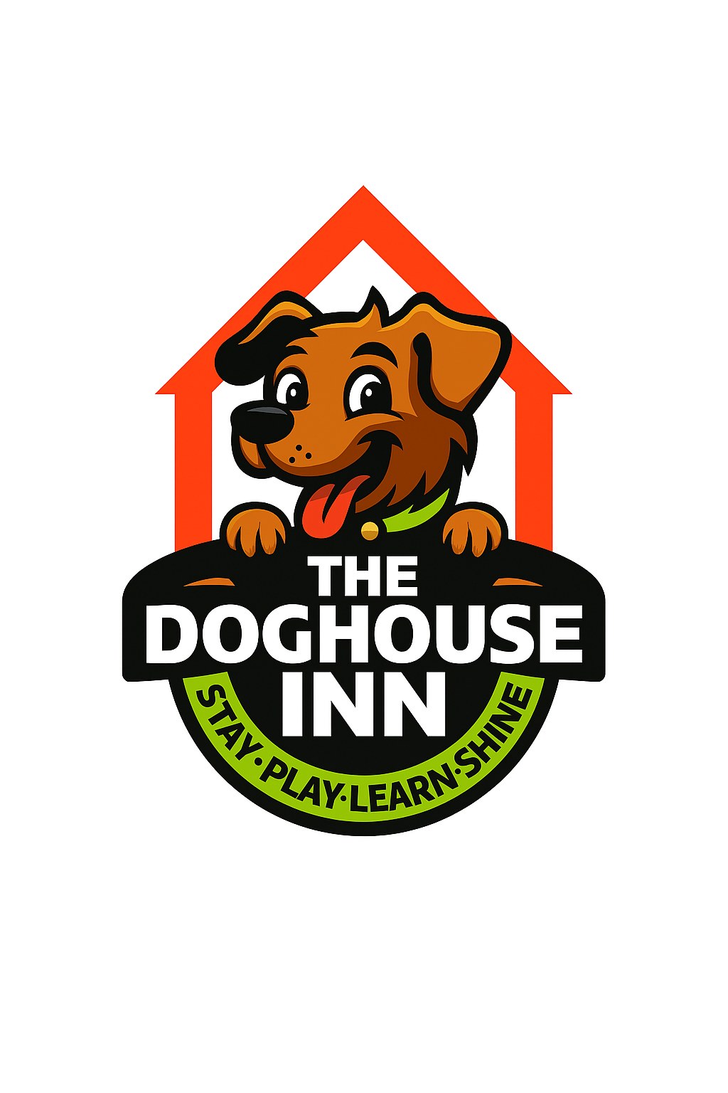 Logo for The Doghouse Inn featuring a cartoon dog with a happy expression, inside a red house shape, with green text circle saying 'Stay Play Learn Shine'.