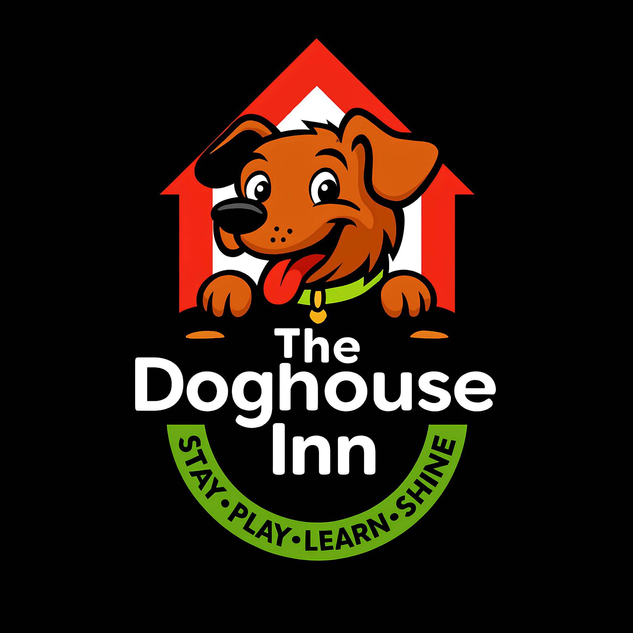 Logo for The Doghouse Inn with a cartoon dog peeking out of a red house, green collar, and a banner with slogans 'Stay, Play, Learn, Shine'.