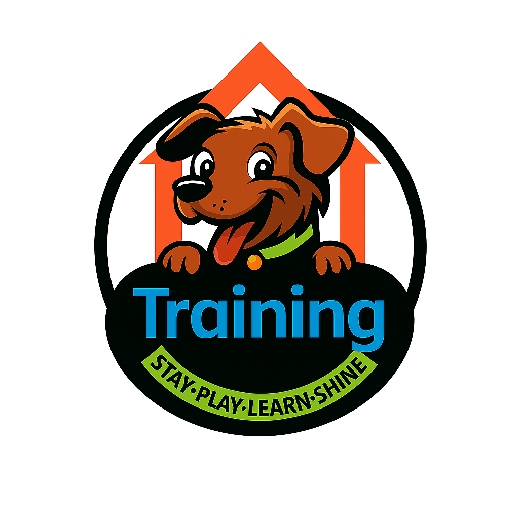A cartoon logo of a happy brown dog with a green collar, inside a circle with an orange upward arrow behind it. The word "Training" is below the dog in blue, with the slogan "Stay Play Learn Shine" in green at the bottom.
