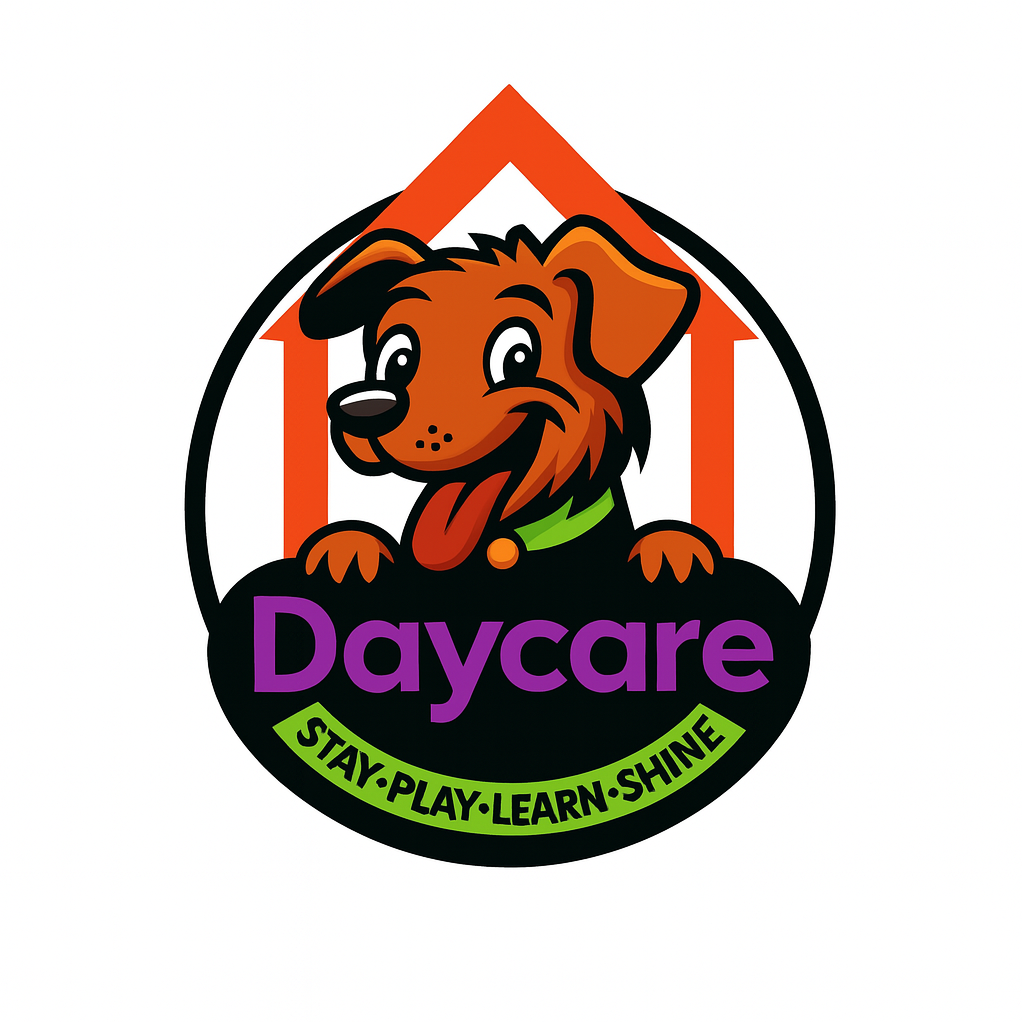 Logo for daycare with a cartoon dog, a house outline in the background, and the text 'Daycare' in purple, along with the words 'Stay Play Learn Shine' in green.