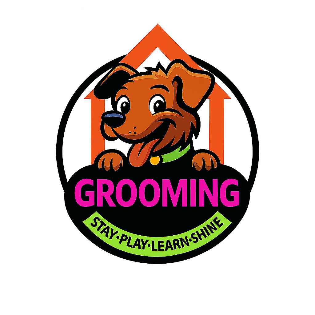 Logo featuring a cartoon dog with a green collar, behind an orange upward arrow with a black outline, and the word 'GROOMING' in pink letters below. Green banner beneath with the words 'STAY.PLAY.LEARN.SHINE' in black.