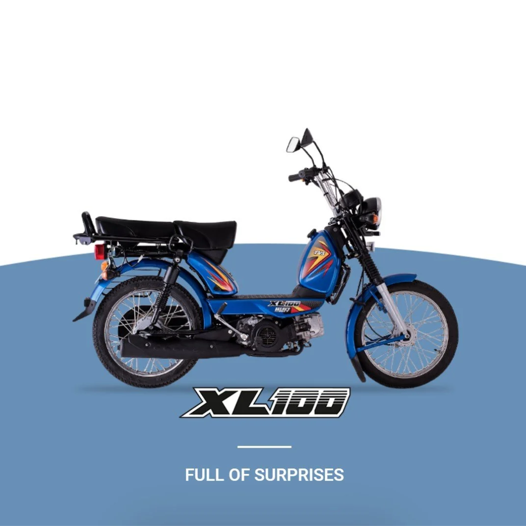 Blue motorized bicycle with black seat, on a blue and white background, logo XL100 Nepy, text 'Full of Surprises'.