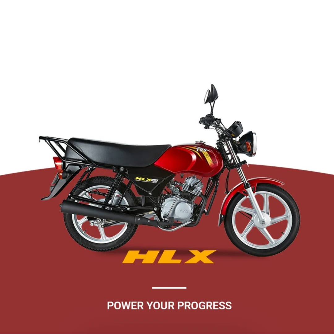 Red motorcycle with black seat, logo in yellow and red on the fuel tank, and the text 'HLX' below it, on a two-tone red background with the slogan 'Power Your Progress'.