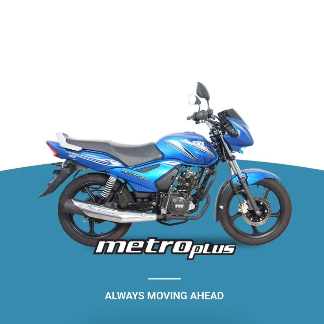 Blue motorcycle displayed on a graphic background with the logo 'metroplus' and the slogan 'Always Moving Ahead'.