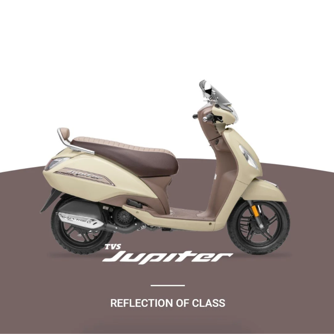 A vintage beige and brown scooter on a brown and white background with text that reads "TVS Jupiter" and "Reflection of Class".