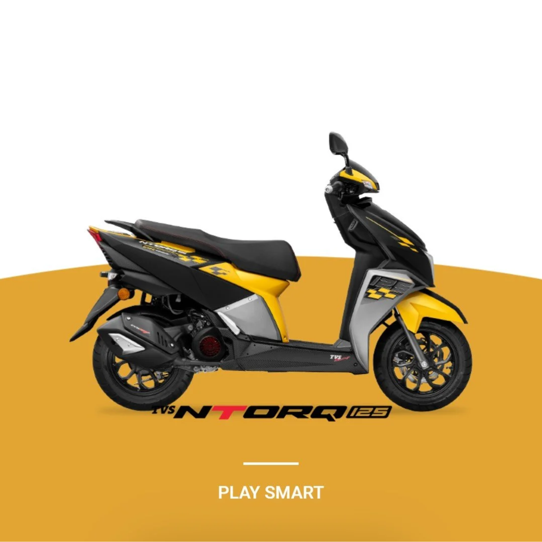 Yellow and black motorcycle with the text "TVS NTORQ 125" and the slogan "PLAY SMART" beneath it.