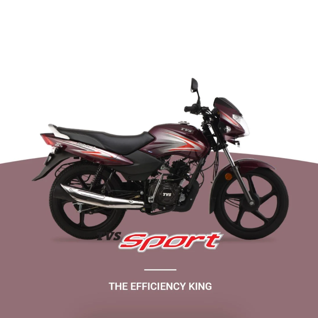 A maroon and black TVS Sport motorcycle on a two-tone background with the text 'TVS Sport' and 'The Efficiency King'