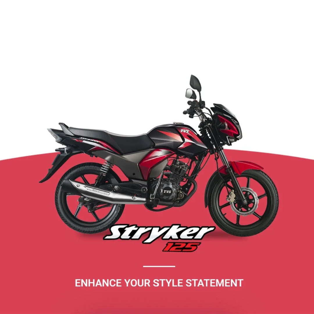 Red and black TVS Stryker 125 motorcycle displayed against a white and red background with the text 'Stryker 125' and 'Enhance your style statement'.