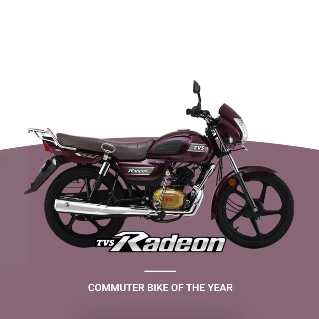 Maroon TVS Radeon commuter motorcycle on purple background with text 'TVS Radeon' and 'Commute Bike of the Year'