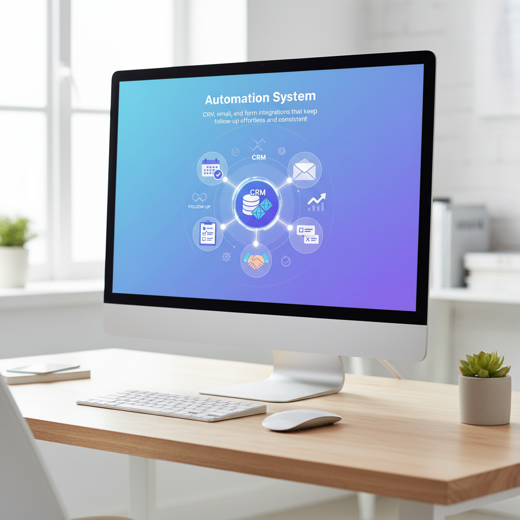 Computer screen displaying a CRM automation diagram with icons for email, follow-up, analytics, and customer engagement — part of the Automation System Suite.