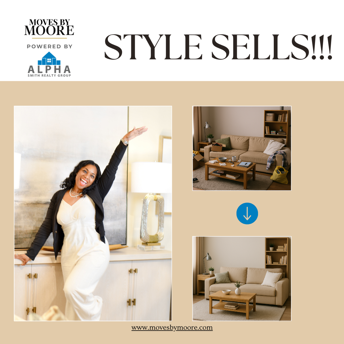 Before-and-after home styling photo from Moves by Moore — professional realtor showcasing living room transformation.