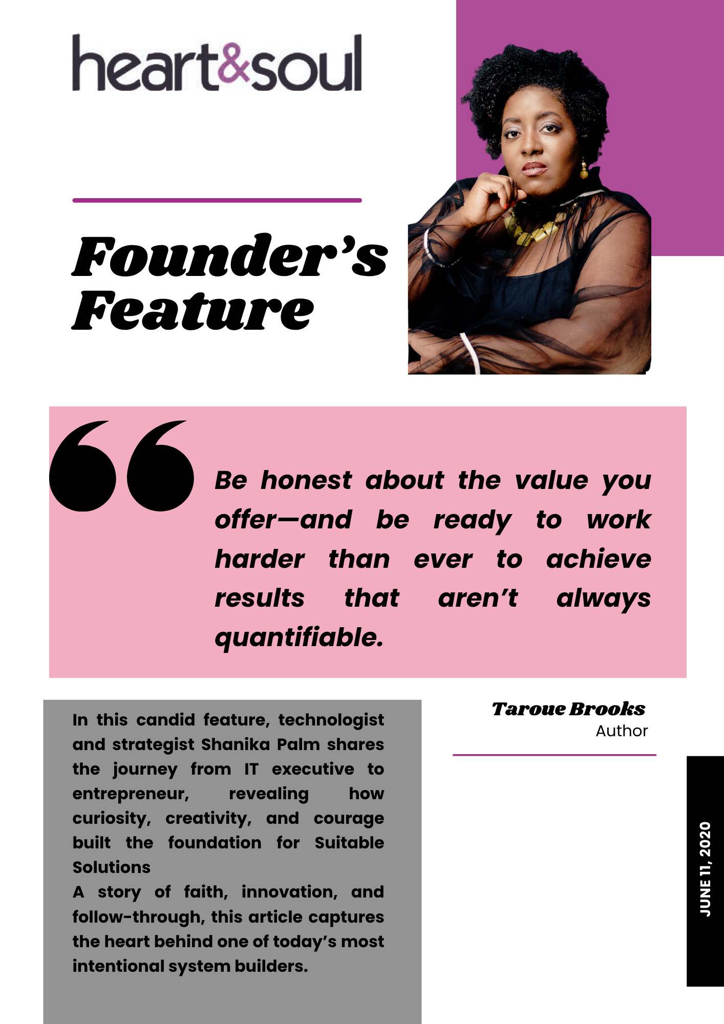 Magazine cover titled “Heart & Soul” featuring Shanika Palm, founder of Suitable Solutions, with headline “Be honest about the value you offer — and work harder for meaningful results.”