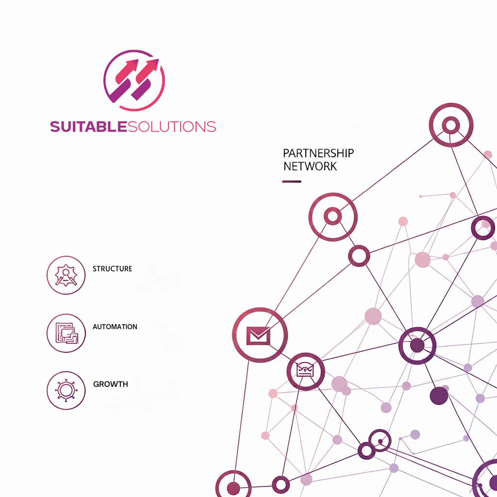 Design diagram with interconnected icons representing partnership networks, structure, automation, and growth in pink and purple tones — Suitable Solutions visual identity.