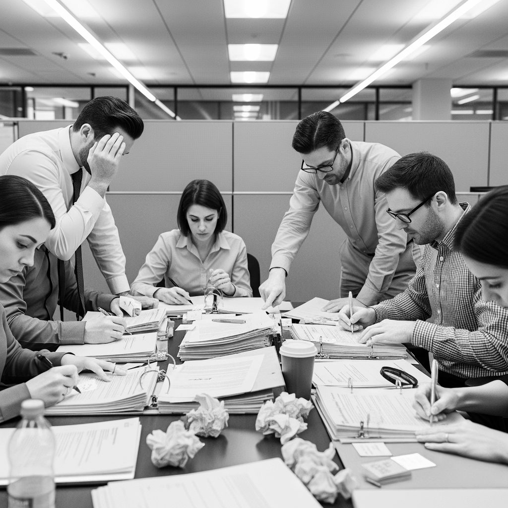 Group of six professionals in a busy office surrounded by scattered papers and files, illustrating the need for organized systems.