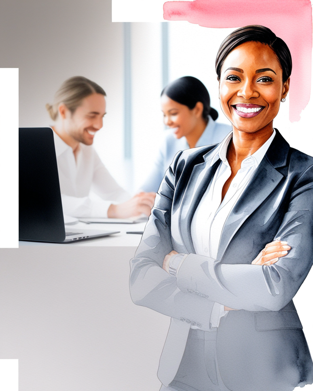 Professional woman in a suit smiling with arms crossed, standing in front of colleagues collaborating at a desk — symbolizing leadership and teamwork.