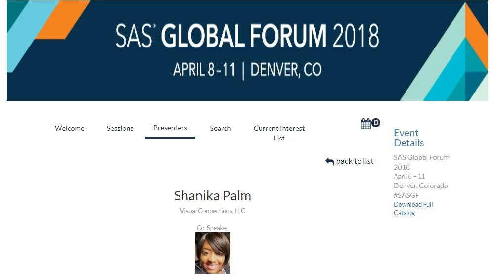Banner for SAS Global Forum 2018, April 8–11 in Denver, Colorado — representing Shanika Palm's analytics and data conference participation as a speaker and co-author.