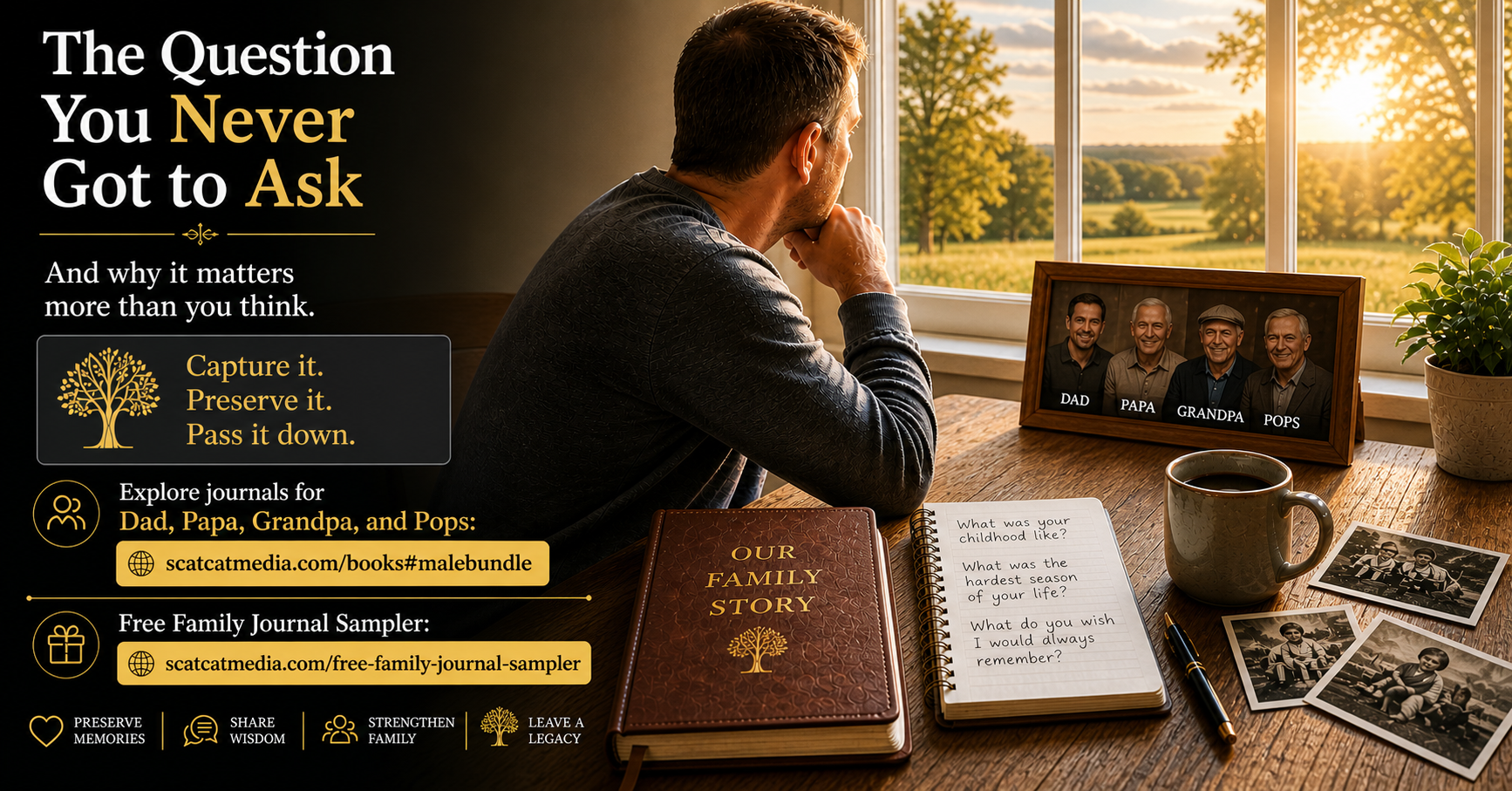 Bright reflective scene of a man looking out a window with journal and photos on table.