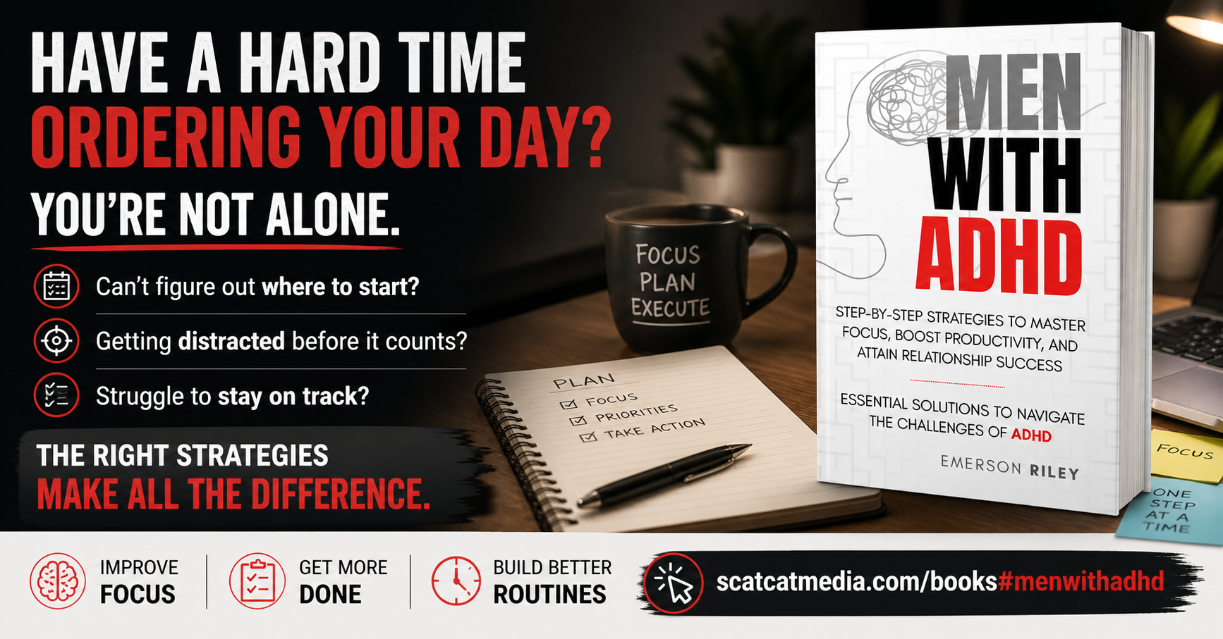 Man sitting at desk looking overwhelmed with notebook and coffee, representing difficulty starting tasks, staying focused, and organizing the day for ADHD.