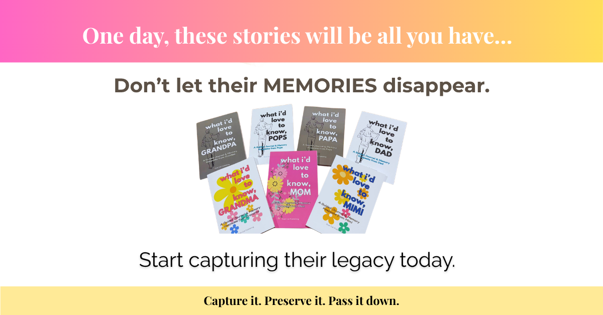 Collection of family legacy journals for parents and grandparents displayed with message about preserving memories before they disappear.