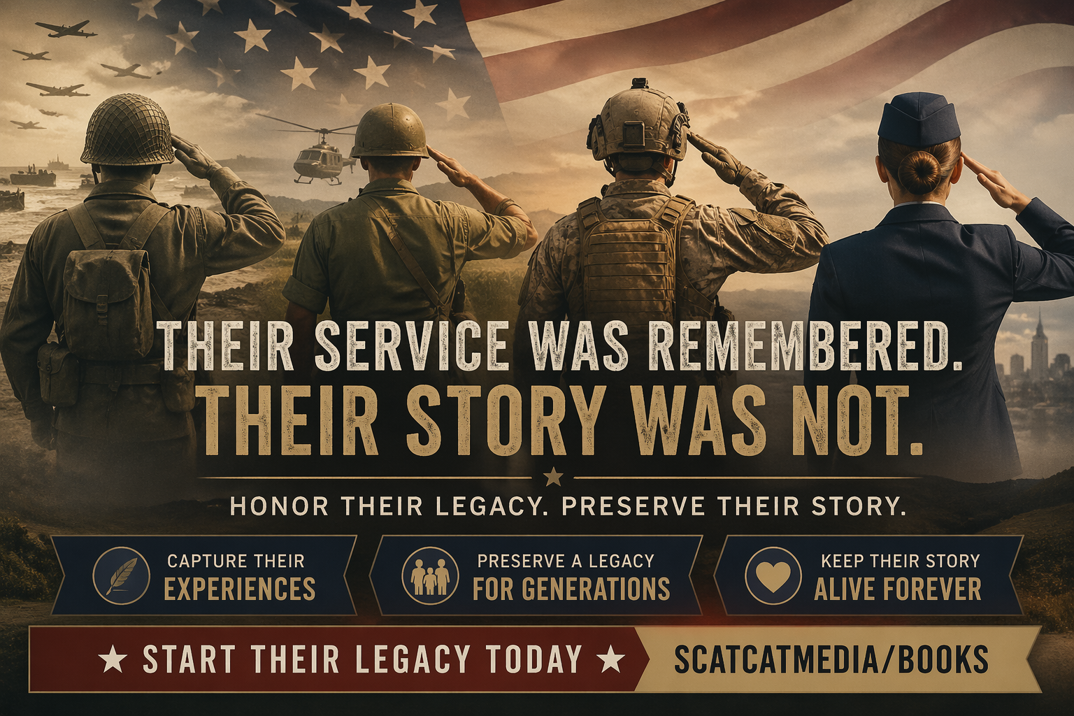 Men and women from multiple military eras—WWII through modern day—standing side by side saluting beneath an American flag, symbolizing generational service and legacy.