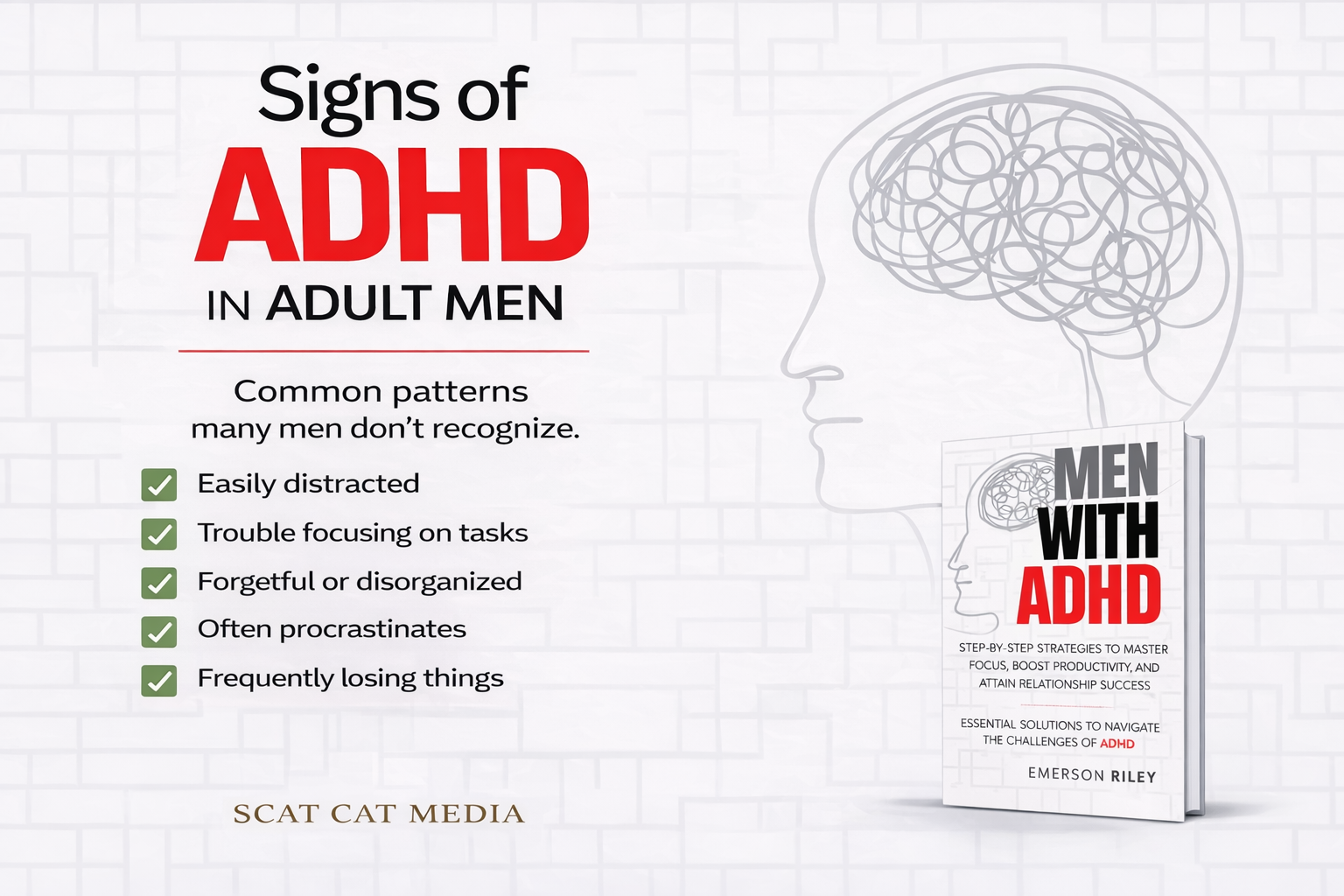 Graphic showing “Signs of ADHD in Adult Men” with checklist items including distraction, focus issues, forgetfulness, procrastination, and losing things.