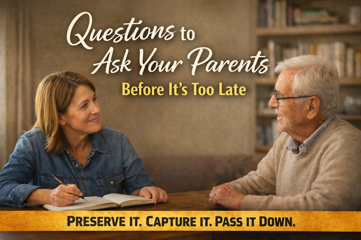 Warm image of a daughter journaling her father’s stories at a table, preserving family legacy.