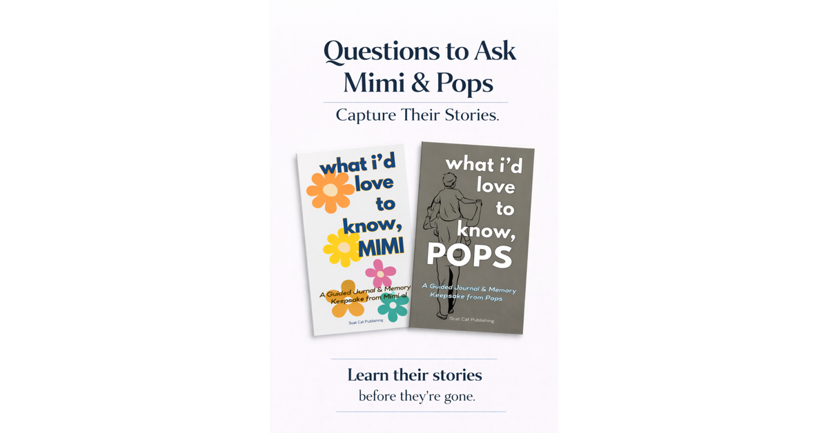 Legacy journals for grandparents titled “Questions to Ask Mimi & Pops” encouraging families to capture stories and preserve memories.