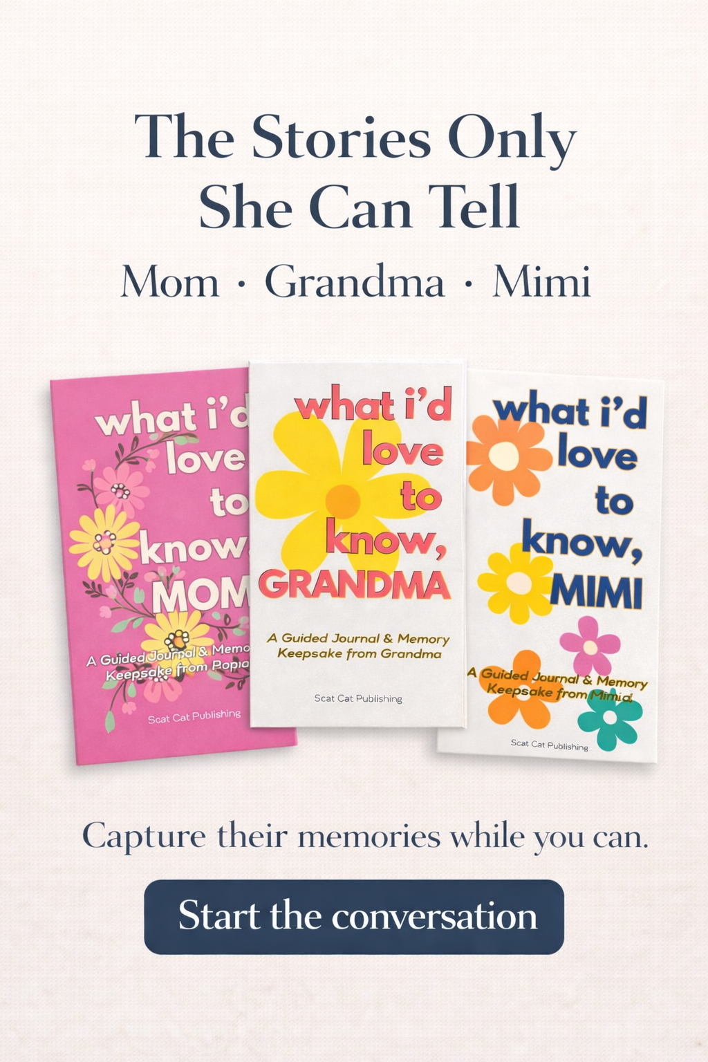 Three guided memory journals titled “What I’d Love to Know — Mom, Grandma, and Mimi” displayed with colorful floral covers representing family legacy and storytelling.