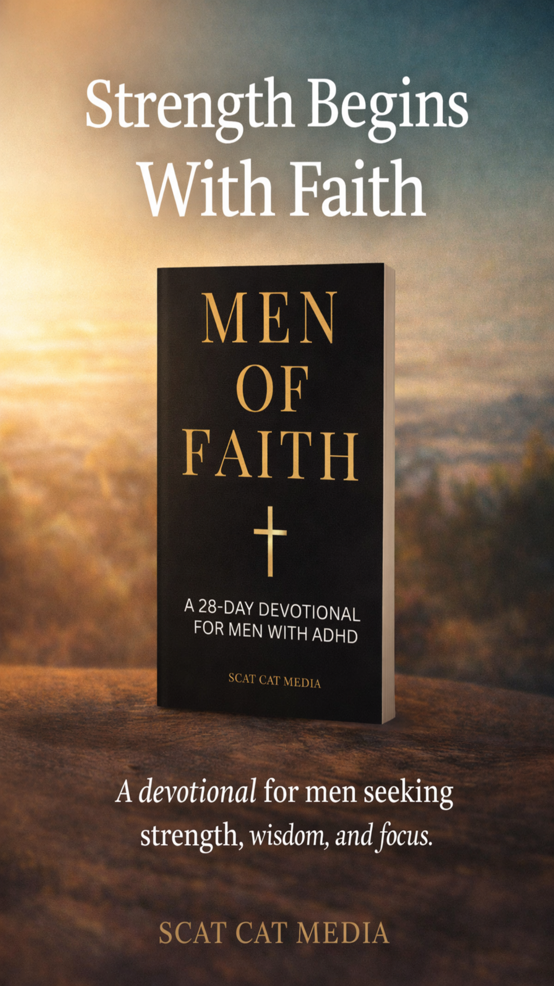 A black devotional book titled “Men of Faith” stands on a rock at sunrise with golden light across a mountain landscape and the words “Strength Begins With Faith,” symbolizing resurrection, hope, and renewed strength.