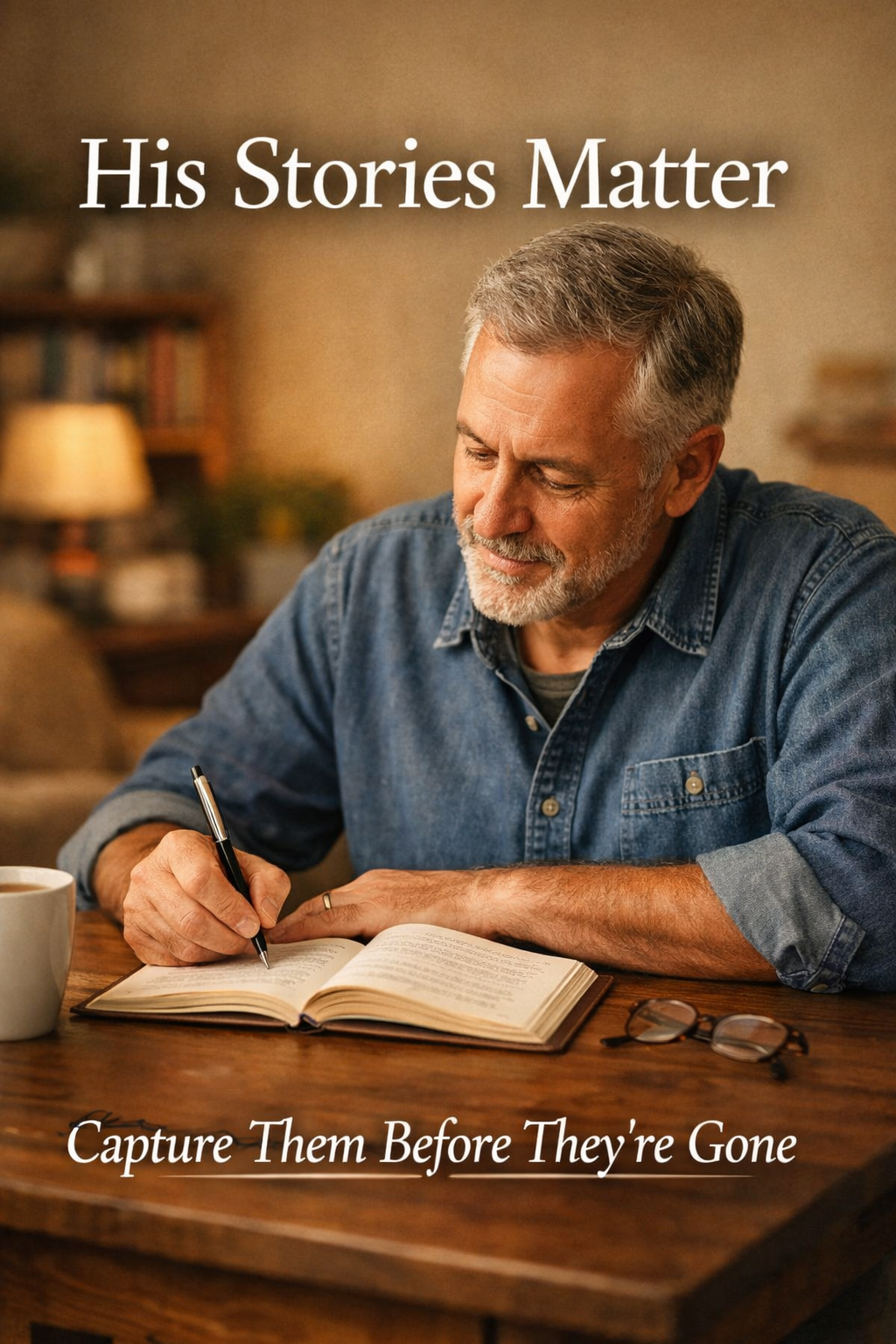 Father sitting at a table writing in a journal while a soft light shines