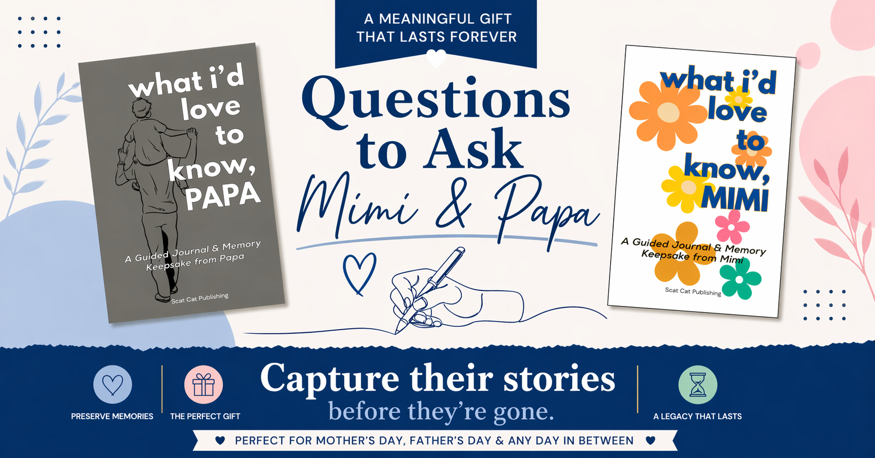 Two guided memory journals for Mimi and Papa with a message about preserving their stories as a lasting legacy.