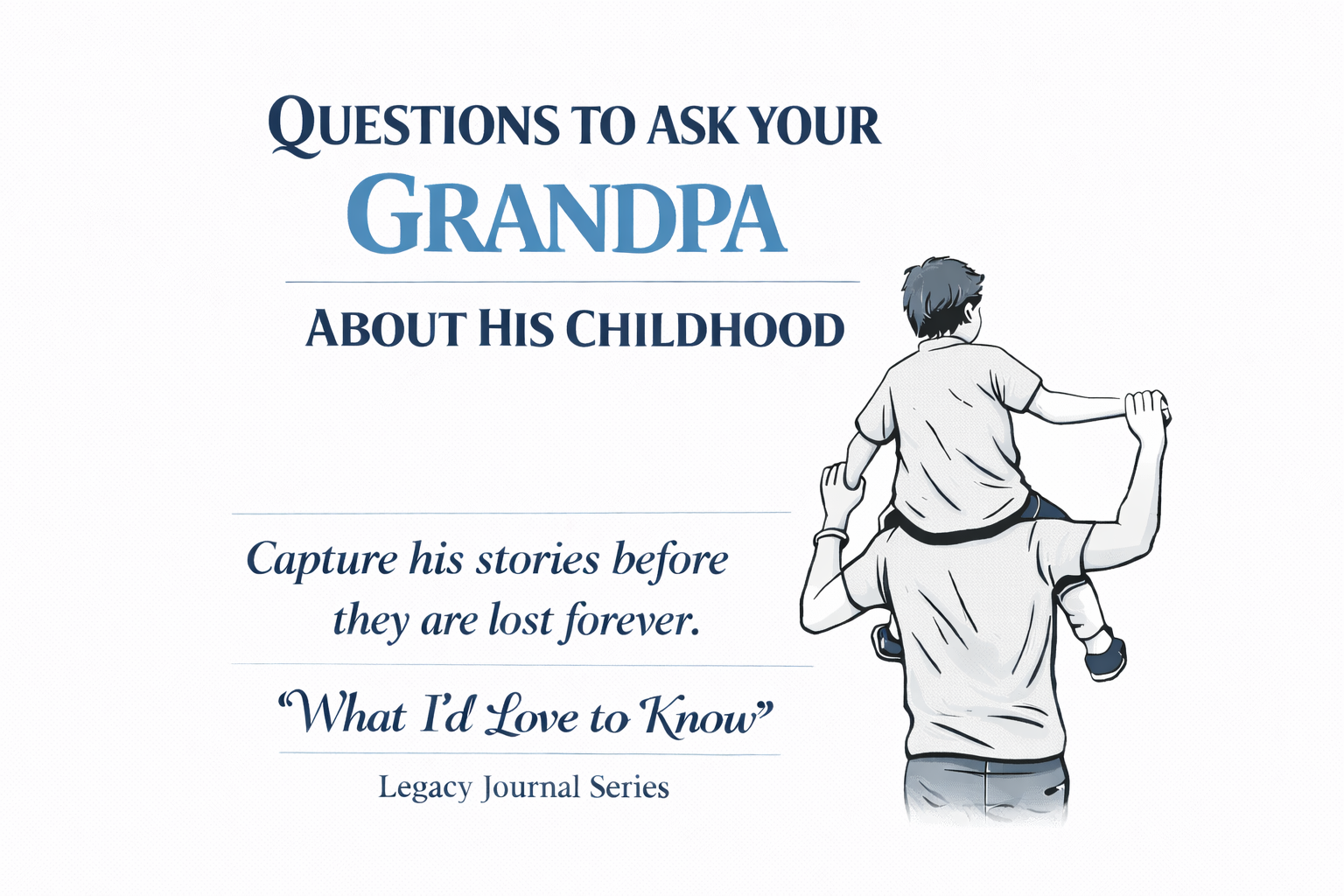 Illustration of a grandfather carrying a young boy on his back with text about asking grandpa about his childhood and preserving his stories.