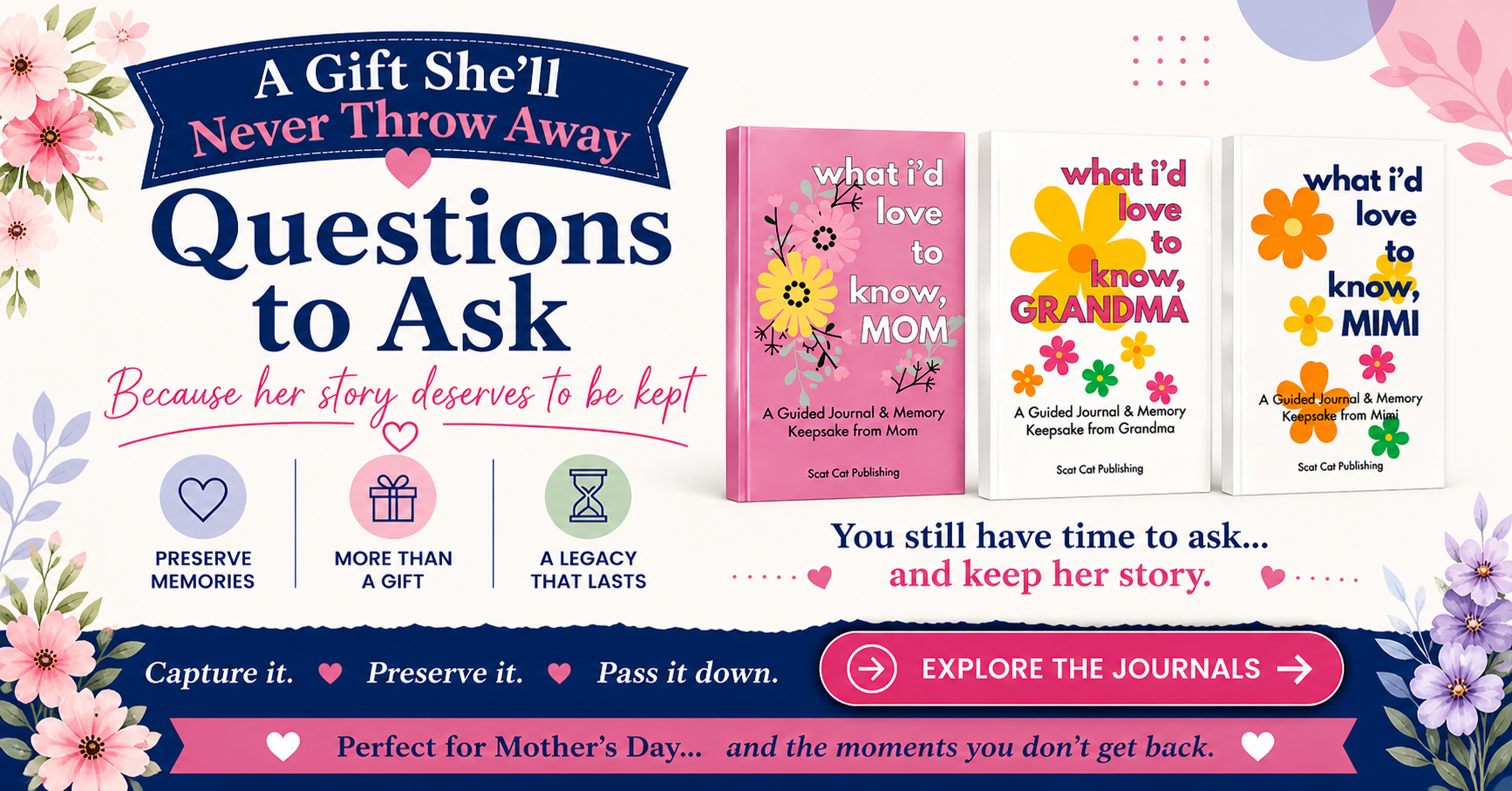 Three guided journals for Mom, Grandma, and Mimi displayed with the headline “A Gift She’ll Never Throw Away,” emphasizing memory preservation and legacy.