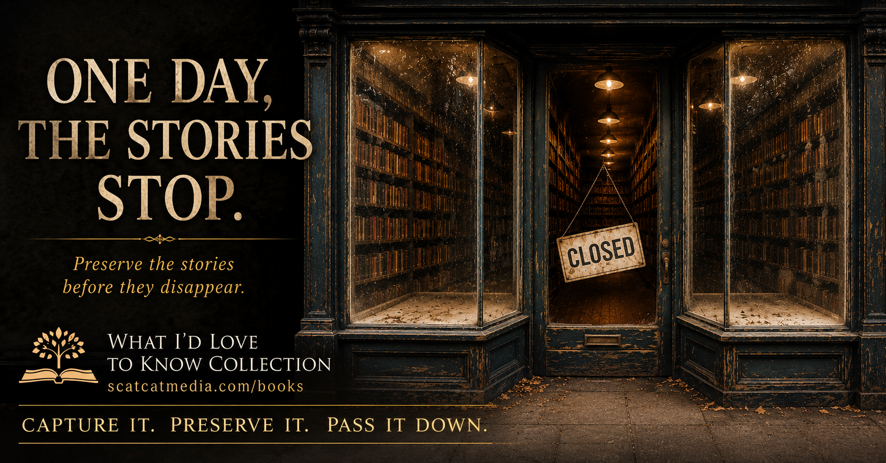 Vintage closed bookstore with dusty empty display windows and rows of books visible inside, symbolizing untold family stories and memories never shared before they disappeared.