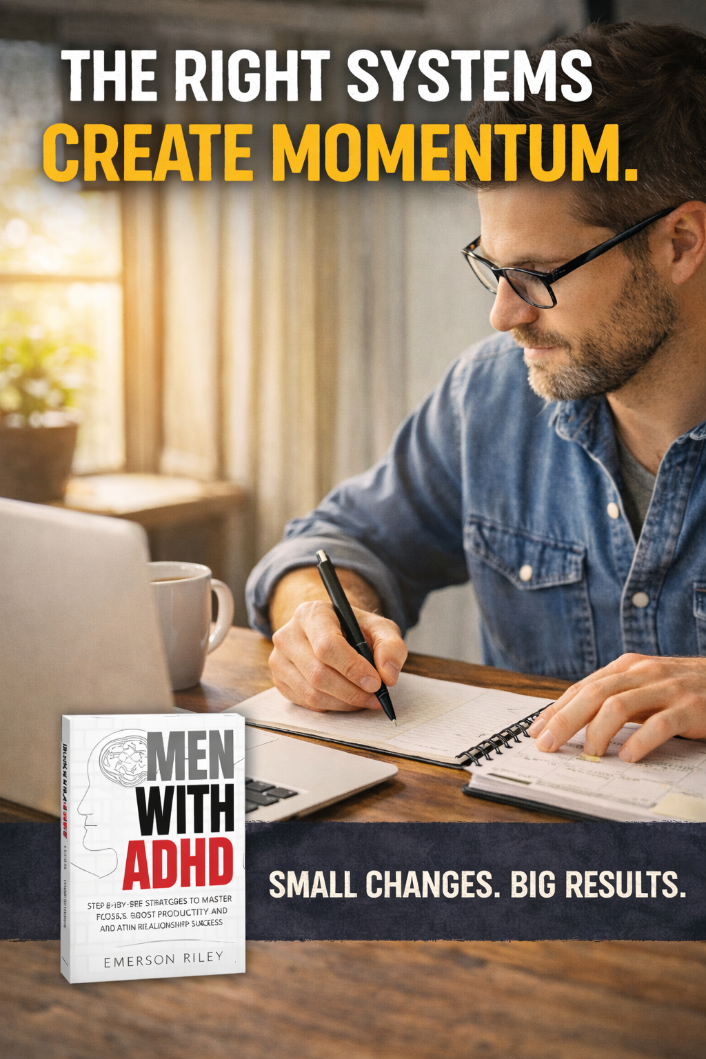 Man with notebook and planner organizing daily tasks to improve focus and productivity with ADHD.