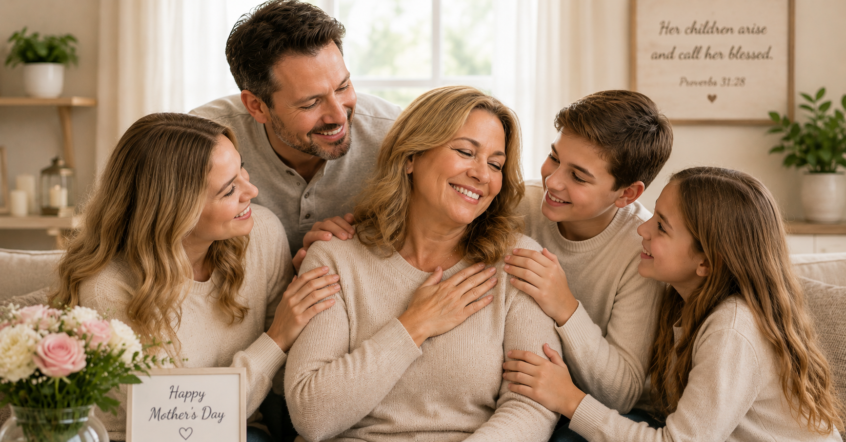 Elegant Mother’s Day Pinterest image featuring a loving family gathered around their mother with a Proverbs 31:28 scripture theme.