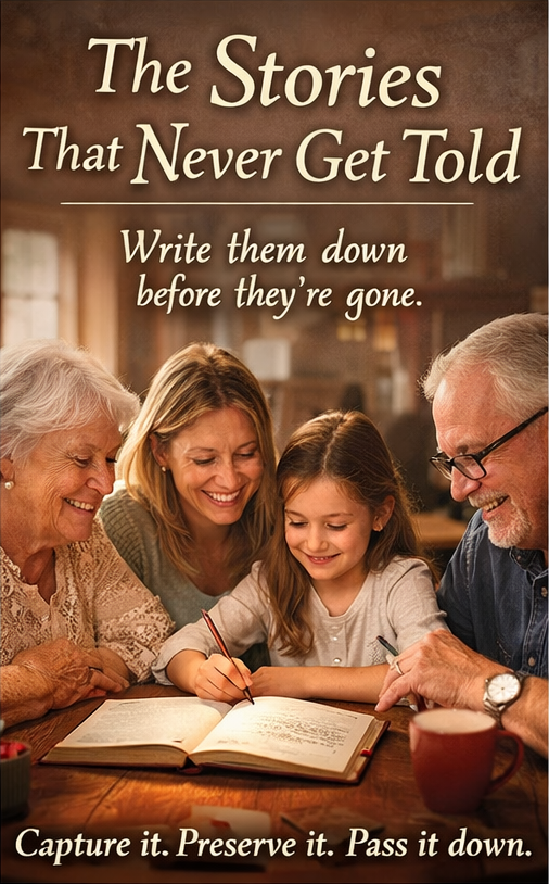 Open journal on a table with handwritten notes, symbolizing preserved family memories.