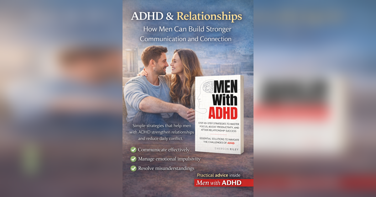 A couple sits quietly together on a couch, facing emotional distance while soft text overlays read “ADHD & Relationships,” highlighting challenges like communication gaps, overwhelm, and misunderstanding.